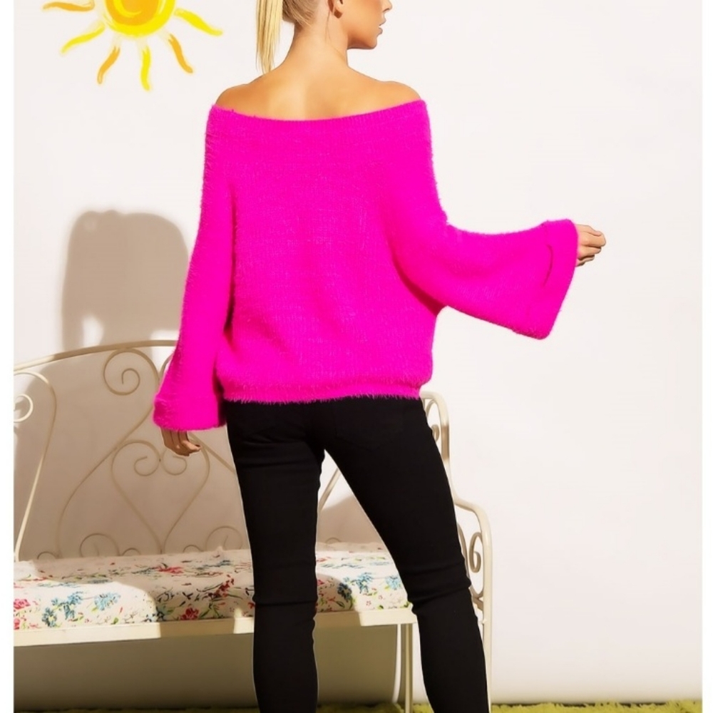 ⭐️Sale!⭐️ SEXY, CHIC & FABULOUS FUCHSIA OFF SHOULDER FURRY WIDE SLEEVES SWEATER - Picture 7 of 7